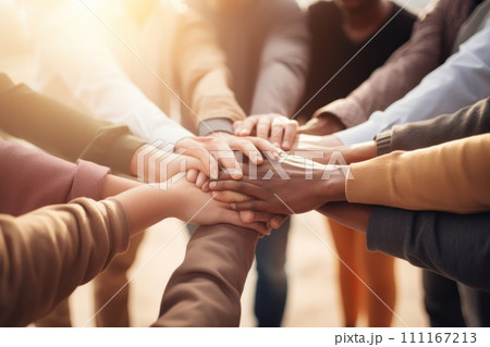 No room for racism, Many hands of different races and ethnicities. United for equality 111167213