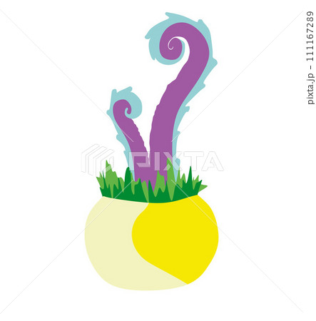 Cartoon fantasy alien Plant in Flower pot. Vector nature element illustration Isolated on white background. Floral Flat design art, Monster color Fantastic Botany character for App, Book, Card, Print 111167289