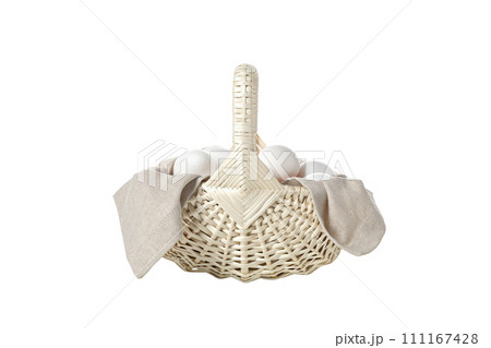 PNG, eggs in a wicker basket with handles, isolated on white background. PNG, eggs in a wicker basket with handles, isolated on white background. 111167428
