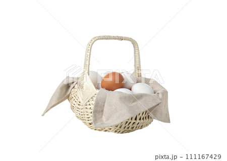 PNG, eggs in a wicker basket with handles, isolated on white background. PNG, eggs in a wicker basket with handles, isolated on white background. 111167429