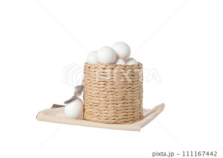 PNG, eggs in a round basket, isolated on white background. 111167442