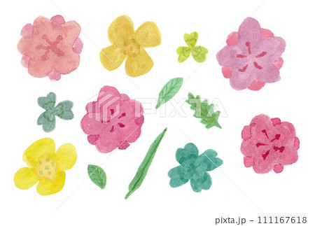 透明水彩絵の具で描いた桃と菜の花と四つ葉＆三つ葉と葉っぱのイラスト 111167618