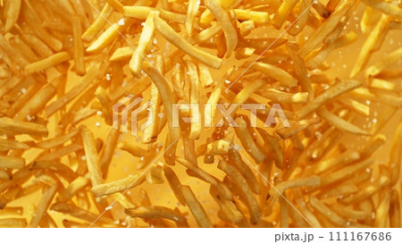 Flying French Fries up in the Air. Fast Food Concept with Flying Food. 111167686