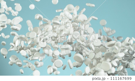 Flying Pills Tablet Capsules Isolated on Blue Background. Medical Concept, Health and Disease. Medical Drug Addiction. 111167699