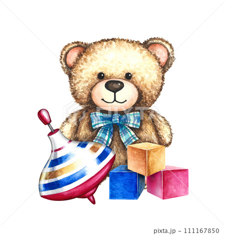 Children's toys, a teddy bear, a spinning top and cubes. Handmade watercolor illustration. For the design of children's books, postcards and flyers. For labels of packaging of children's goods. 111167850