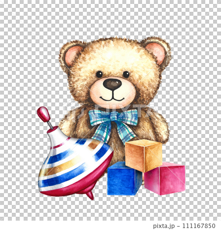 Children's toys, a teddy bear, a spinning top and cubes. Handmade watercolor illustration. For the design of children's books, postcards and flyers. For labels of packaging of children's goods. 111167850