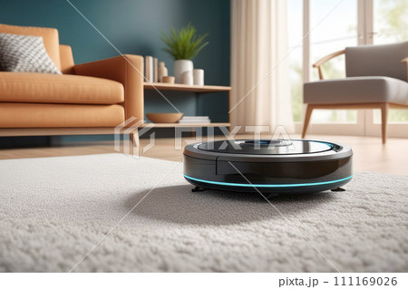 Modern robot vacuum cleaner working on blurred background of home interiorin a living room. 111169026