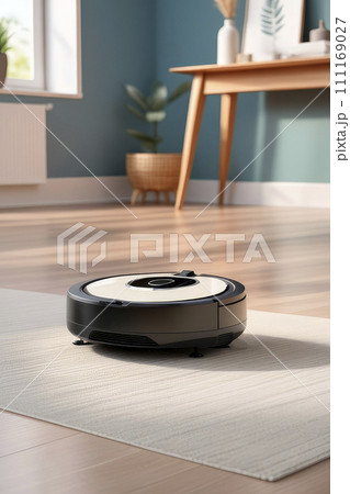 Modern robot vacuum cleaner working on blurred background of home interiorin a living room. 111169027
