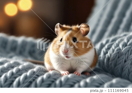 Close up hamster resting on sofa under knitted blanket. Close up hamster resting on sofa under knitted blanket. 111169045