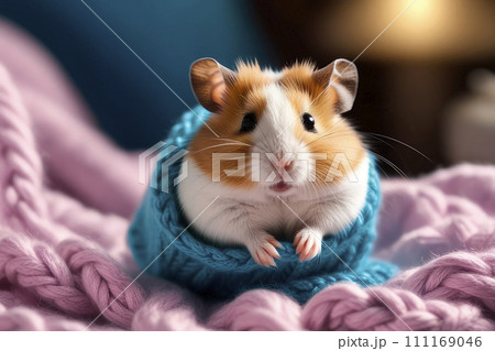 Close up hamster resting on sofa under knitted blanket. Close up hamster resting on sofa under knitted blanket. 111169046