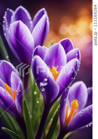 Spring flowers of white crocus blossoms macro with drops of water on the petals. 111169264