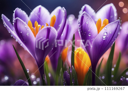 Spring flowers of white crocus blossoms macro with drops of water on the petals. 111169267