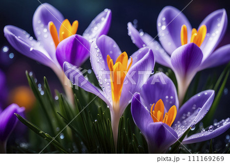 Spring flowers of white crocus blossoms macro with drops of water on the petals. 111169269