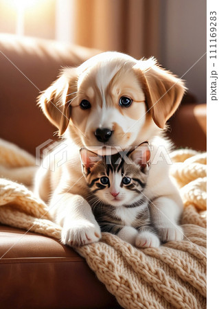 Cute kitten and a cute puppy other on the sofa, covered with a knitted blanket. 111169283