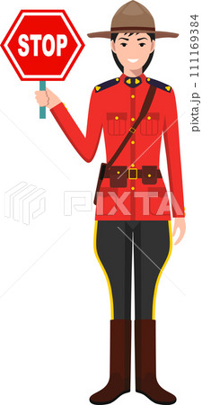 Standing Canadian Policewoman Officer with Warning Sign Stop in Traditional Uniform Character Icon in Flat Style. Vector Illustration 111169384