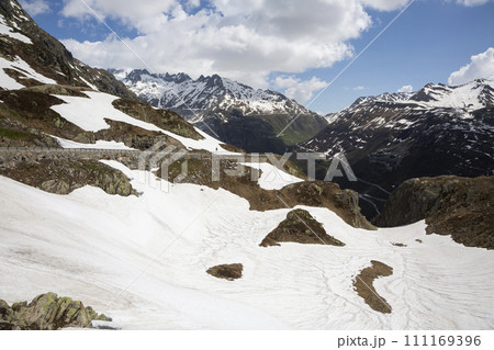 View from road to Grimsel Pass in Switzerland View from road to Grimsel Pass in Switzerland 111169396