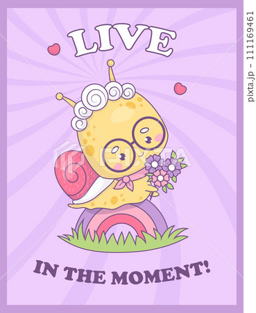 Funny groovy snail character elderly grandmother. Cute insect old woman with flowers on rainbow in retro style. Trendy vector illustration. Cool vertical bright poster with slogan in 70s style. Funny groovy snail character elderly grandmother. Cute insect old woman with flowers on rainbow in retro style. Trendy vector illustration. Cool vertical bright poster with slogan in 70s style. 111169461