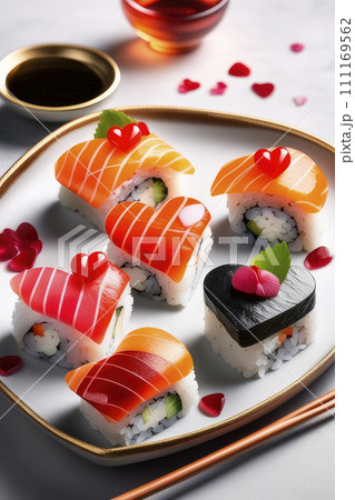 Romantic menu asian food Valentines Day Heart-Shaped Sushi on light background. 111169562