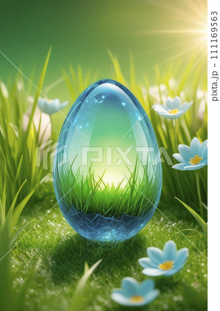 Transparent easter egg made of crystal glass in light blue in the grass. 111169563