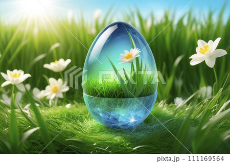 Transparent easter egg made of crystal glass in light blue in the grass. 111169564