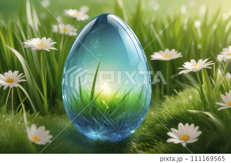 Transparent easter egg made of crystal glass in light blue in the grass. 111169565