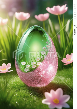 Transparent easter egg made of crystal glass in pink in the grass. 111169566