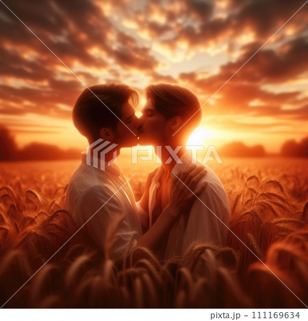 Romantic LGBT gay couple in love kissing at sunset in a wheat field. Digital illustration. Generative AI 111169634