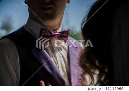 groom with bow-tie and bride stand together in park groom with bow-tie and bride stand together in park 111169664