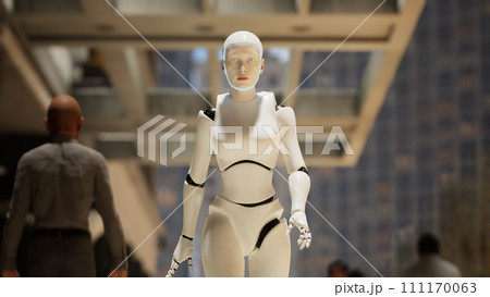 female robot walking along a street in a big city. humanoid AI robot crossing street. 3d render. future automation job. 111170063