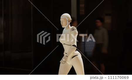 female robot walking along a street in a big city. humanoid AI robot crossing street. 3d render. future automation job. 111170069