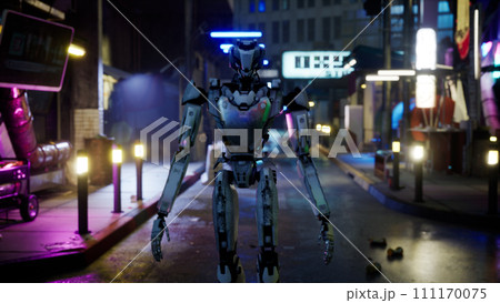 robot walking along a street in a big city. humanoid AI robot crossing street. 3d render. future automation job. robot walking along a street in a big city. humanoid AI robot crossing street. 3d render. future automation job. 111170075