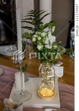 wedding table with decor in a restaurant 111170087