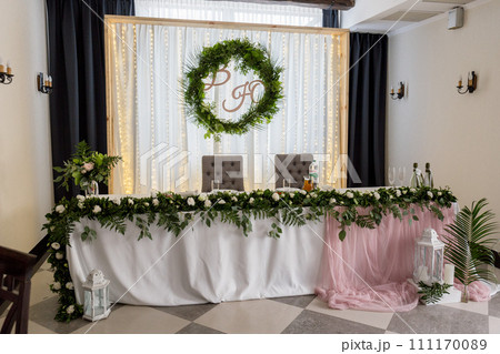 wedding table with decor in a restaurant 111170089