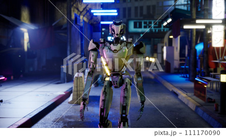 robot walking along a street in a big city. humanoid AI robot crossing street. 3d render. future automation job. robot walking along a street in a big city. humanoid AI robot crossing street. 3d render. future automation job. 111170090