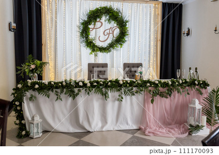 wedding table with decor in a restaurant 111170093