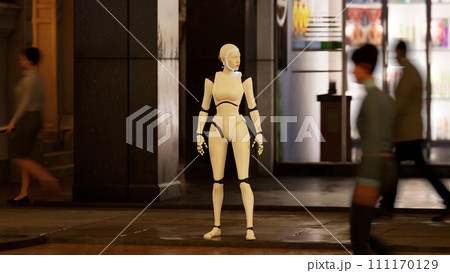 female robot staying on a street in a big city and looking around. humanoid AI robot among people. 3d animation. future concept female robot staying on a street in a big city and looking around. humanoid AI robot among people. 3d animation. future concept 111170129