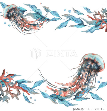 Underwater world clipart with sea animals jellyfish, bubbles, coral and algae. Hand drawn watercolor illustration. Frame, template isolated from the background. Underwater world clipart with sea animals jellyfish, bubbles, coral and algae. Hand drawn watercolor illustration. Frame, template isolated from the background. 111170315