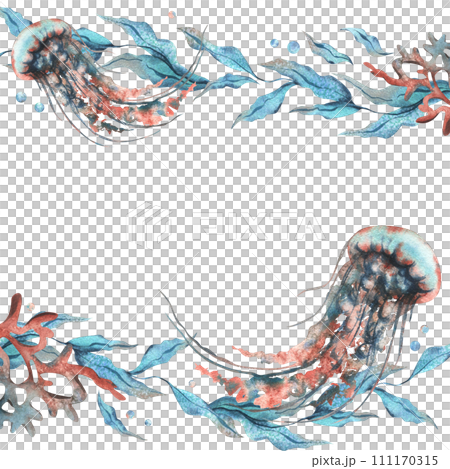 Underwater world clipart with sea animals jellyfish, bubbles, coral and algae. Hand drawn watercolor illustration. Frame, template isolated from the background. Underwater world clipart with sea animals jellyfish, bubbles, coral and algae. Hand drawn watercolor illustration. Frame, template isolated from the background. 111170315