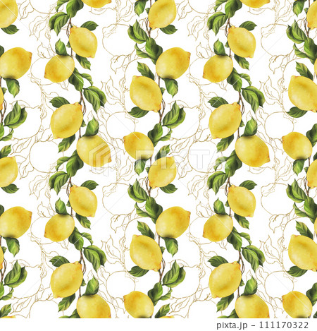 Lemons are yellow, juicy, ripe with green leaves, flower buds on the branches, whole and slices. Watercolor, hand drawn botanical illustration. Seamless pattern on a white background. 111170322