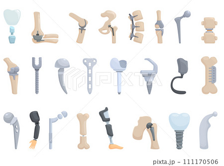 Orthopedic implants icons set cartoon vector. Hip replacement. Surgery point 111170506