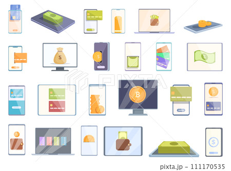 Virtual money icons set cartoon vector. Card seller. Business money 111170535