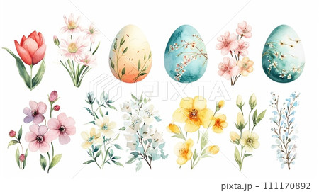 AI-generated content. Hand drawn watercolor spring elements set with decorated Easter eggs, blossoming flowers and plants. Springtime wild meadow floral clip art in pastel colors isolated on white 111170892