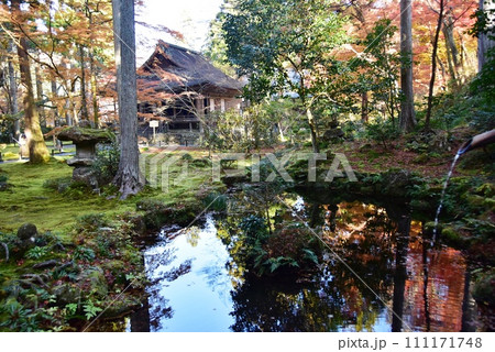 京都市 大原三千院の弁天池と往生極楽院と紅葉 京都市 大原三千院の弁天池と往生極楽院と紅葉 111171748