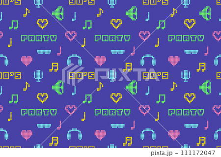 Abstract pixel 90s style seamless pattern of bright multicolored old-fashioned icons from nineties on blue background 111172047
