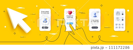 Dot plot, Parking garage and Package protection line icons pack. Phone screen mockup with 3d alert bell, health and headshot. Mail correspondence, Money profit, Energy drops web icon. Vector 111172286