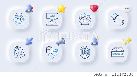 Fake review, Blood and Loyalty tags line icons. Buttons with 3d bell, chat speech, cursor. Pack of Patient, Mattress, Usb stick icon. Winner star, Fingerprint pictogram. For web app, printing. Vector 111172330