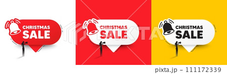 Christmas Sale tag. Speech bubbles with bell and woman silhouette. Special offer price sign. Advertising Discounts symbol. Christmas sale chat speech message. Woman with megaphone. Vector Christmas Sale tag. Speech bubbles with bell and woman silhouette. Special offer price sign. Advertising Discounts symbol. Christmas sale chat speech message. Woman with megaphone. Vector 111172339