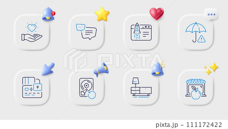 Risk management, Card and Market line icons. Buttons with 3d bell, chat speech, cursor. Pack of Recovery hdd, Dresser, Text message icon. Hold heart, Start business pictogram. Vector Risk management, Card and Market line icons. Buttons with 3d bell, chat speech, cursor. Pack of Recovery hdd, Dresser, Text message icon. Hold heart, Start business pictogram. Vector 111172422