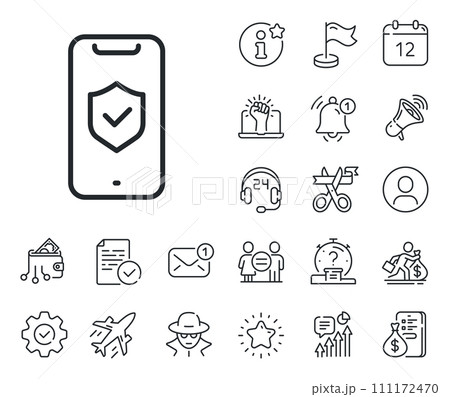 Cyber defence sign. Salaryman, gender equality and alert bell outline icons. Phone protection line icon. Security shield symbol. Phone protection line sign. Spy or profile placeholder icon. Vector 111172470