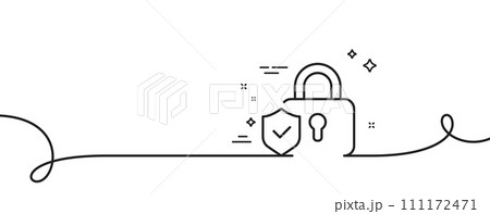 Security lock line icon. Continuous one line with curl. Cyber defence shield sign. Private protection symbol. Security lock single outline ribbon. Loop curve pattern. Vector Security lock line icon. Continuous one line with curl. Cyber defence shield sign. Private protection symbol. Security lock single outline ribbon. Loop curve pattern. Vector 111172471